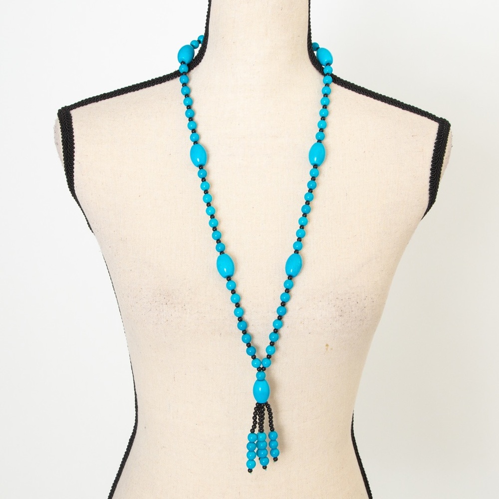 ShopNBC turquoise & onyx beaded necklace with tassel 32” in length